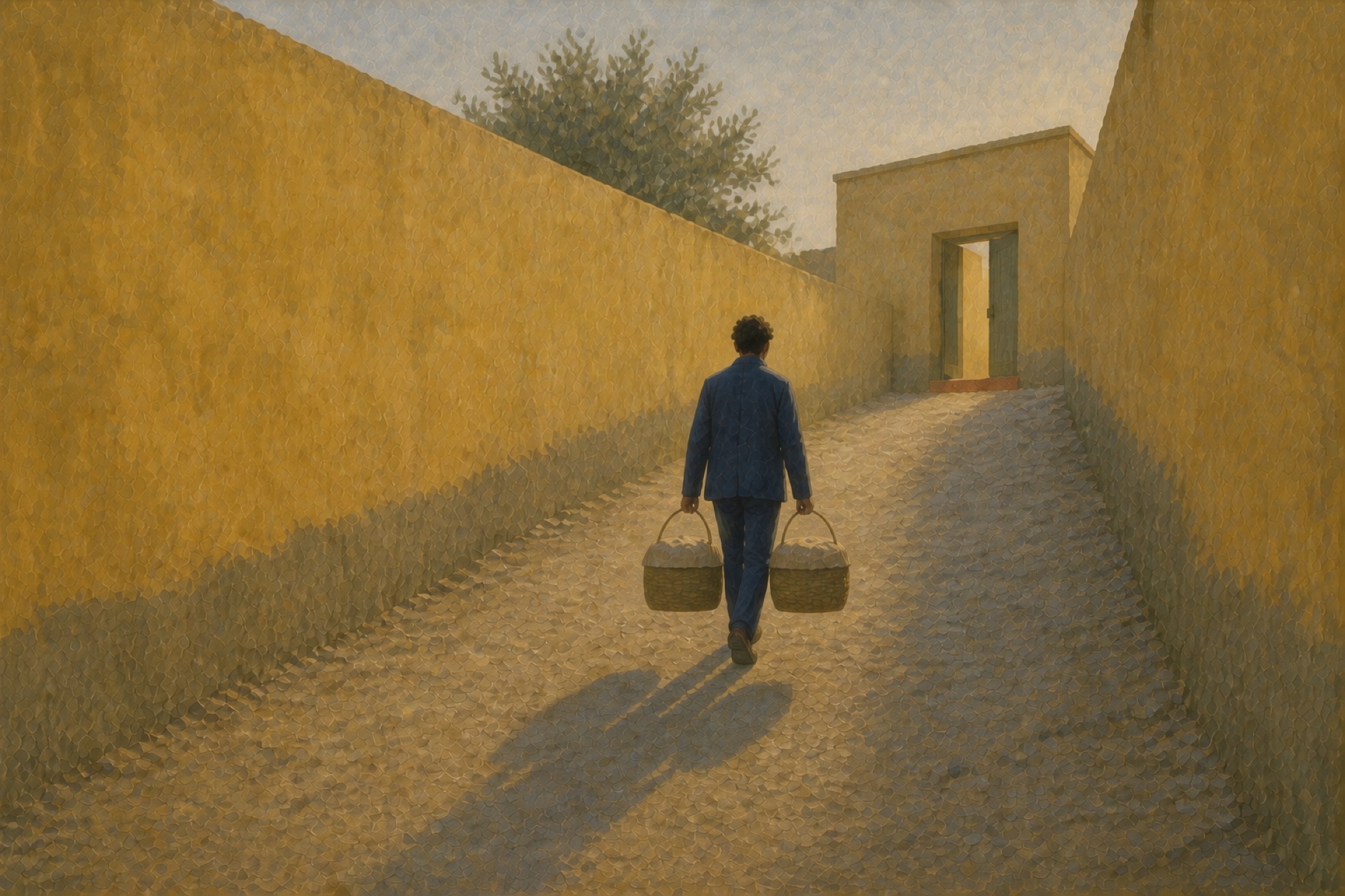 A painting of a lone figure carrying two laden baskets up a dawn street toward a home doorway