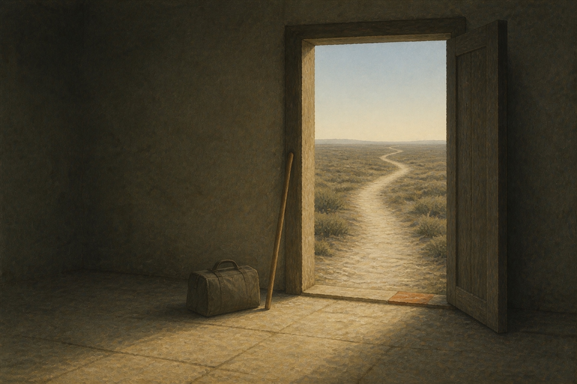 A painting of a packed bag and a walking staff by an open door, a road running to the horizon beyond