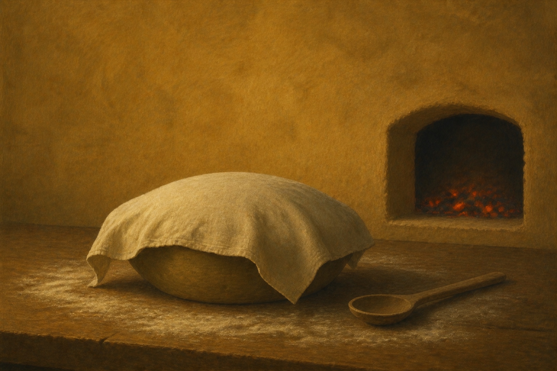 A painting of a cloth-covered bowl of rising dough on a floured table, embers glowing in an oven behind
