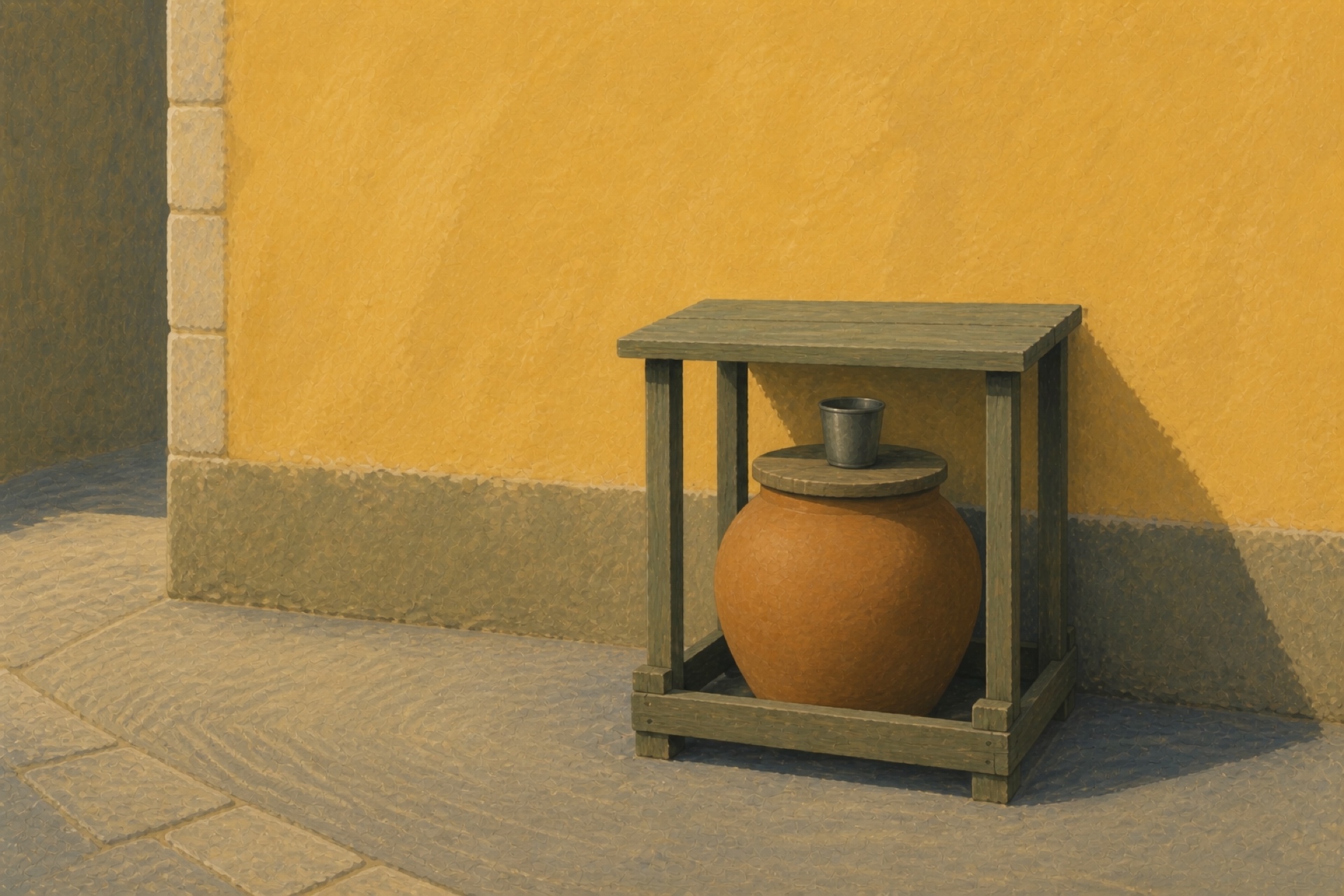 A painting of a public clay water jar in a wooden stand with a metal cup on its lid