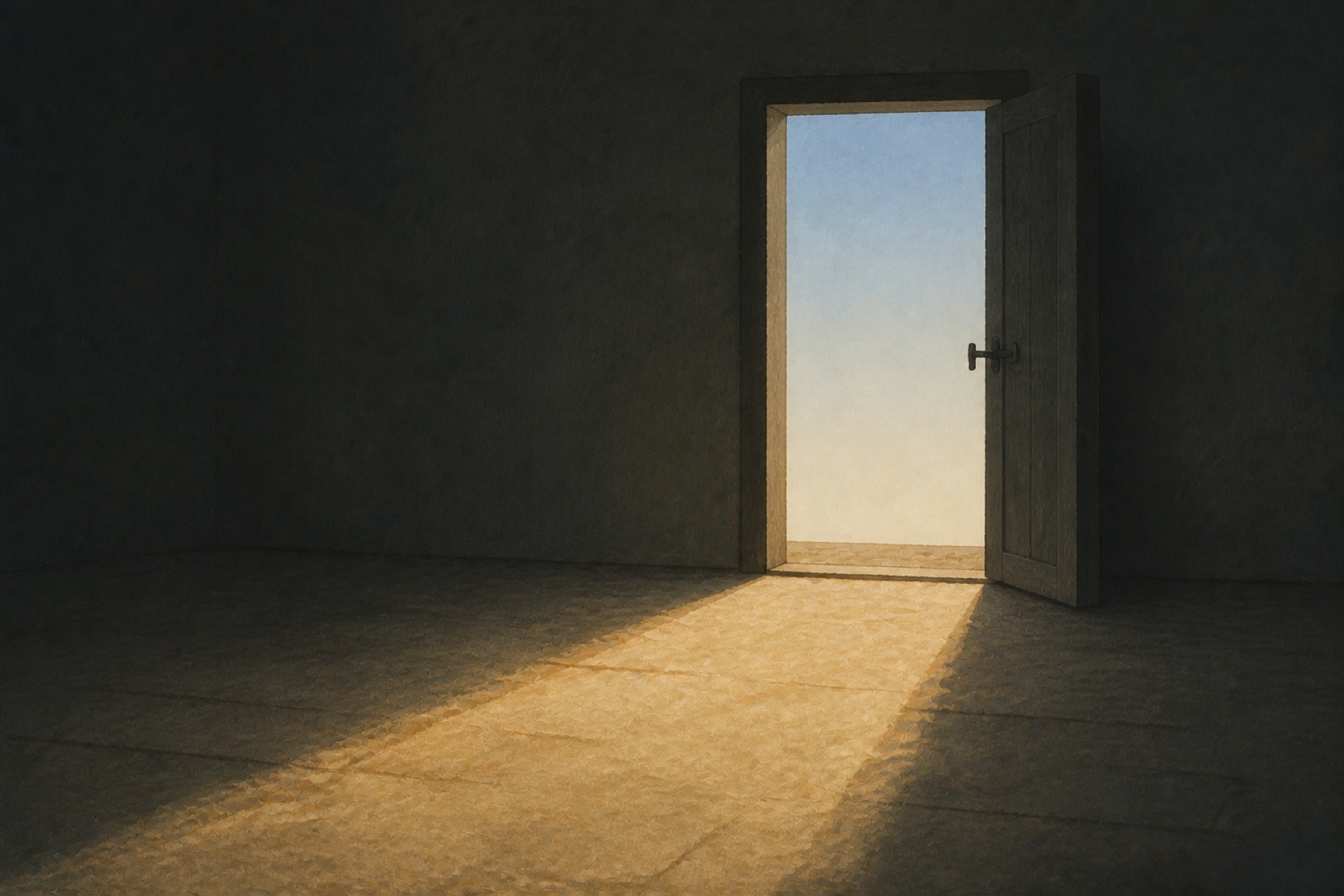 A painting of a dark room with the door ajar and morning light entering across the floor
