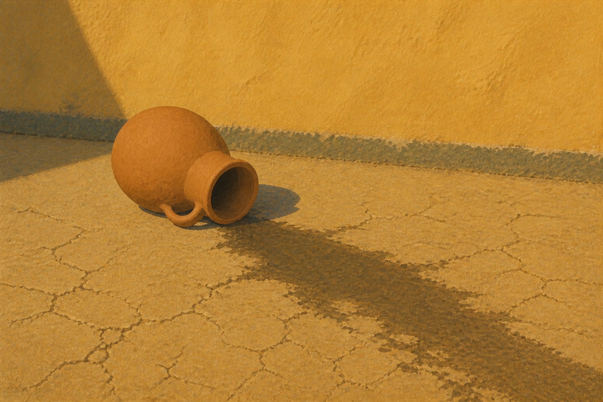 A painting of a tipped clay jug on dry earth, its spilled water sunk into a dark stain