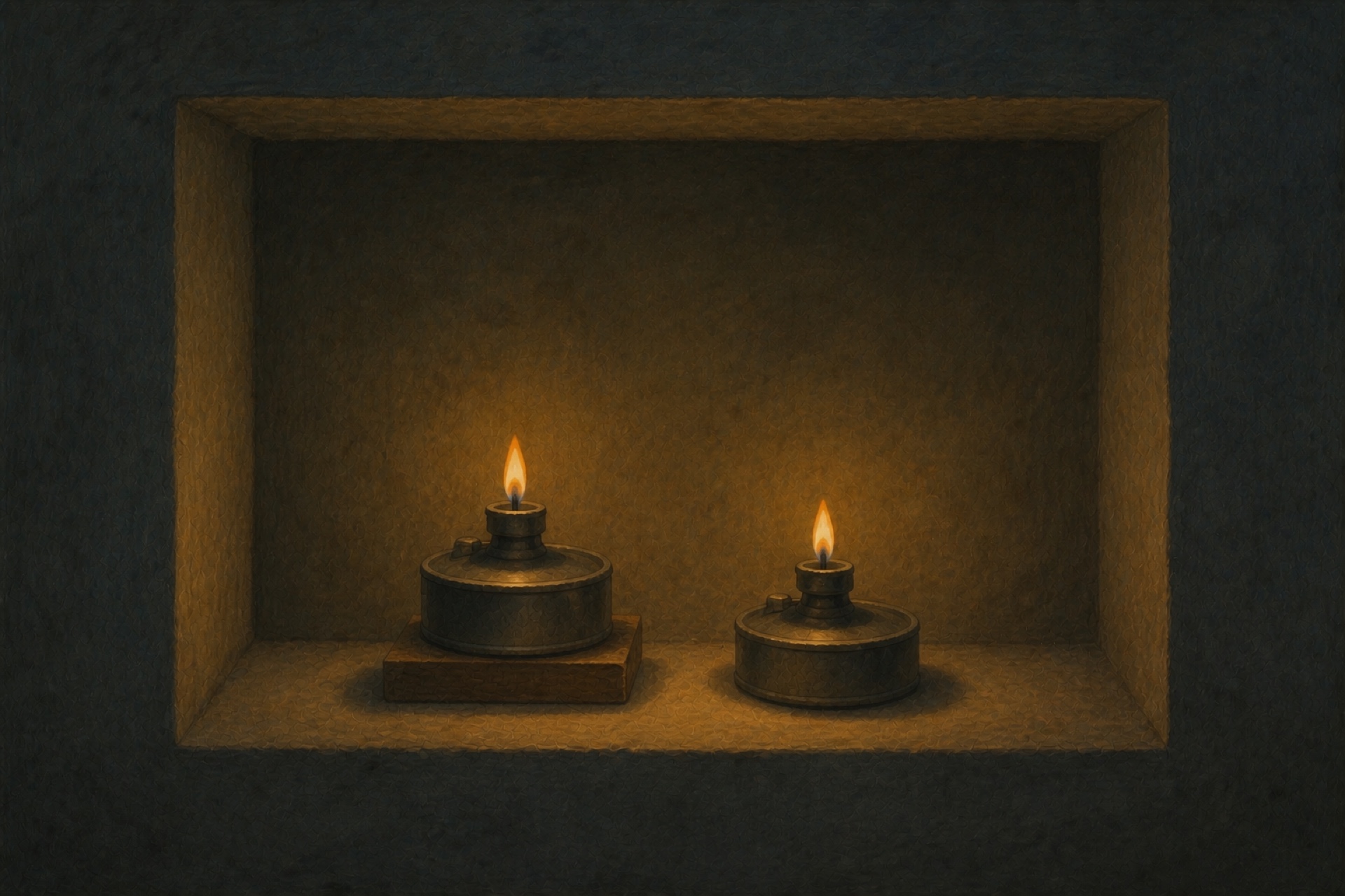 A painting of two plain oil lamps burning together in a wall niche, one set higher than the other