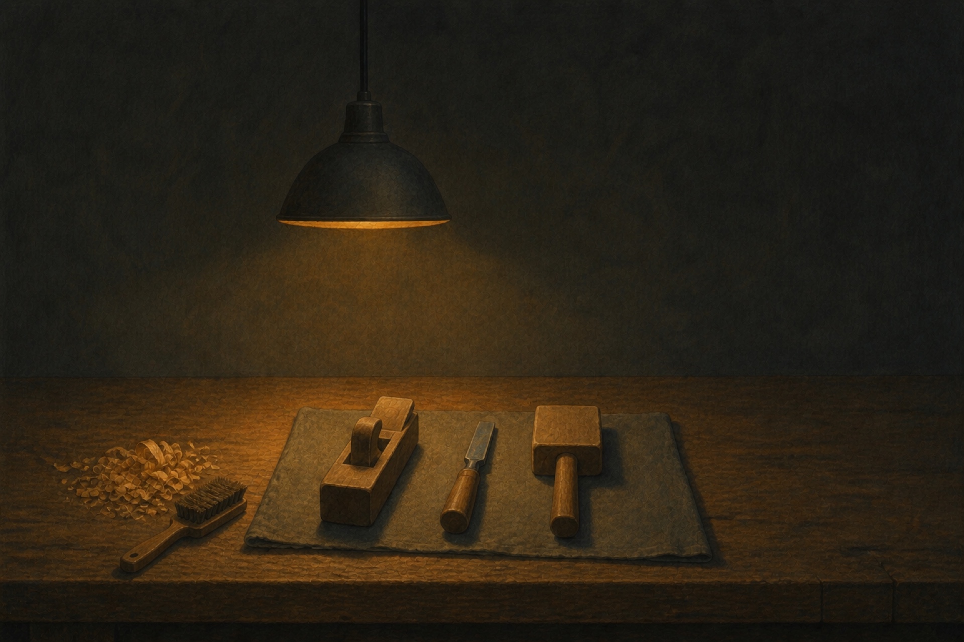 A painting of a workbench at night, cleaned tools laid in a row under one work lamp
