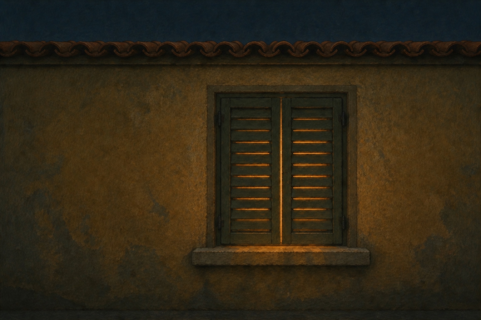 A painting of closed shutters at night with warm lamplight showing through the slats